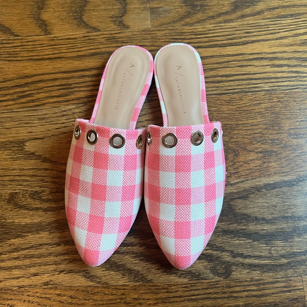 NWOT Anthropologie Checkered Pink Mules Size 7